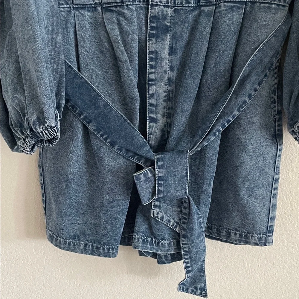 Women Denim Button-Up Ballon Sleeve Romper w/ Belt XL Causal Cotton Contemporary